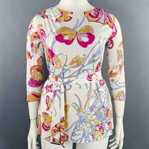 EMILIO PUCCI Size 12 White Pink Butterflies 3/4 Sleeves Casual Top